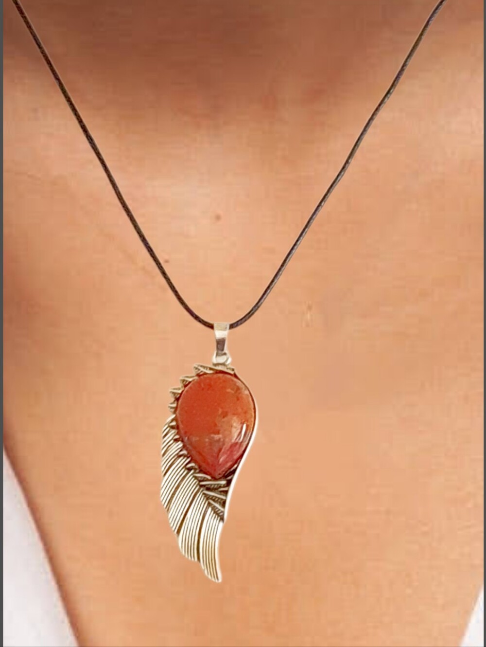 Elegant Silver Wing Natural Stone Pendant w/ Cord Necklace NWOT